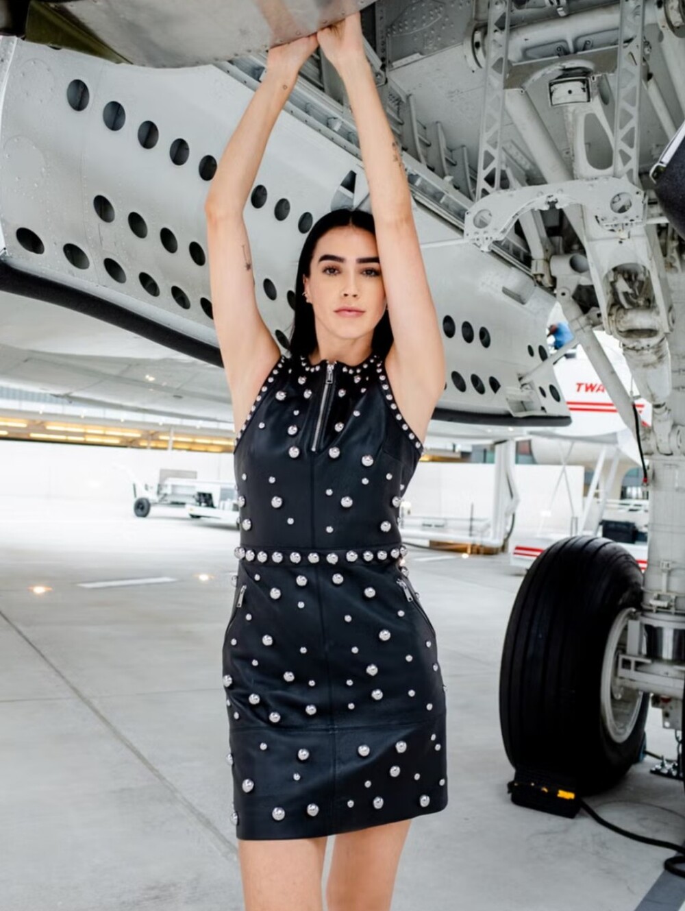 Michael Kors Studded Leather Dress in black with silver dome stud embellishments